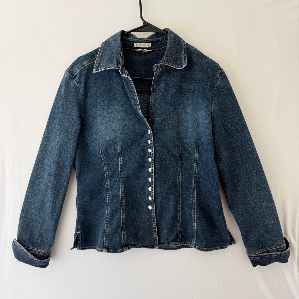 Christopher & Banks Stretch Denim Shirt Jacket Womens M Blue Snap Front Western